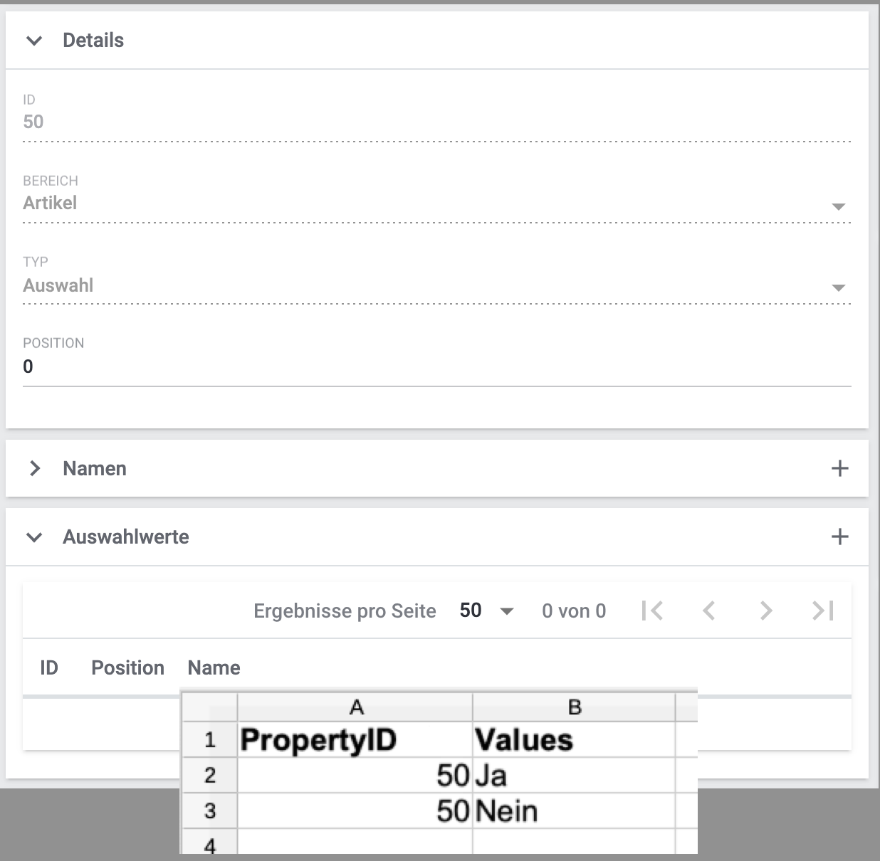 eigenschaften import auswahlwerte csv