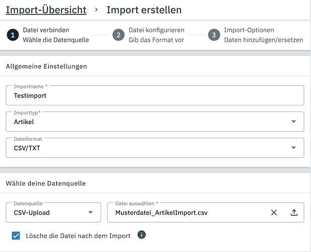 Eine Abbildung von Schritt 1 der Import-Erstellung