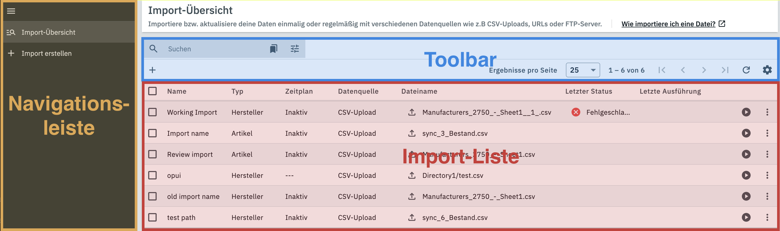 Bereiche der Import-Übersicht