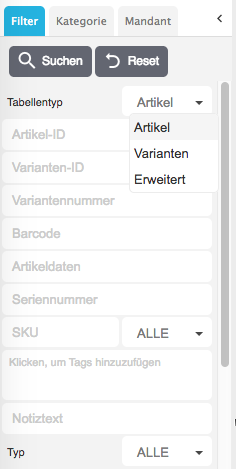 Tabellentyp Artikelübersicht