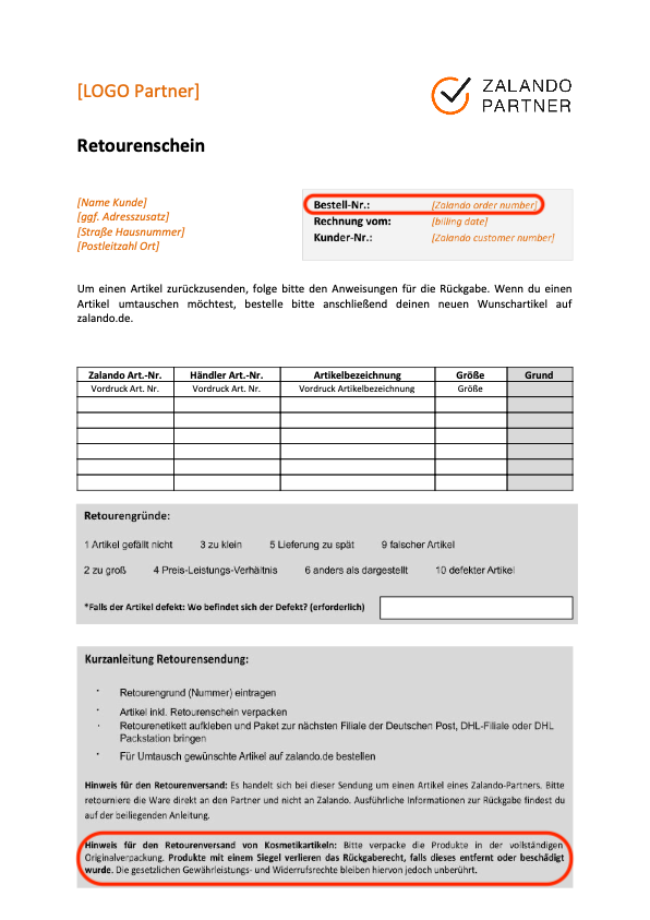 zalando DE return note