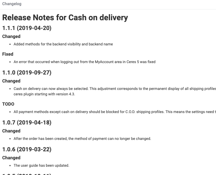 Eine Changelog-Datei mit formatiertem Markdown im Backend.