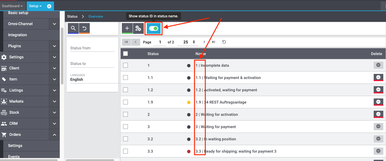 Der Toggle für die Status-ID und Auswirkungen auf die Tabelle.