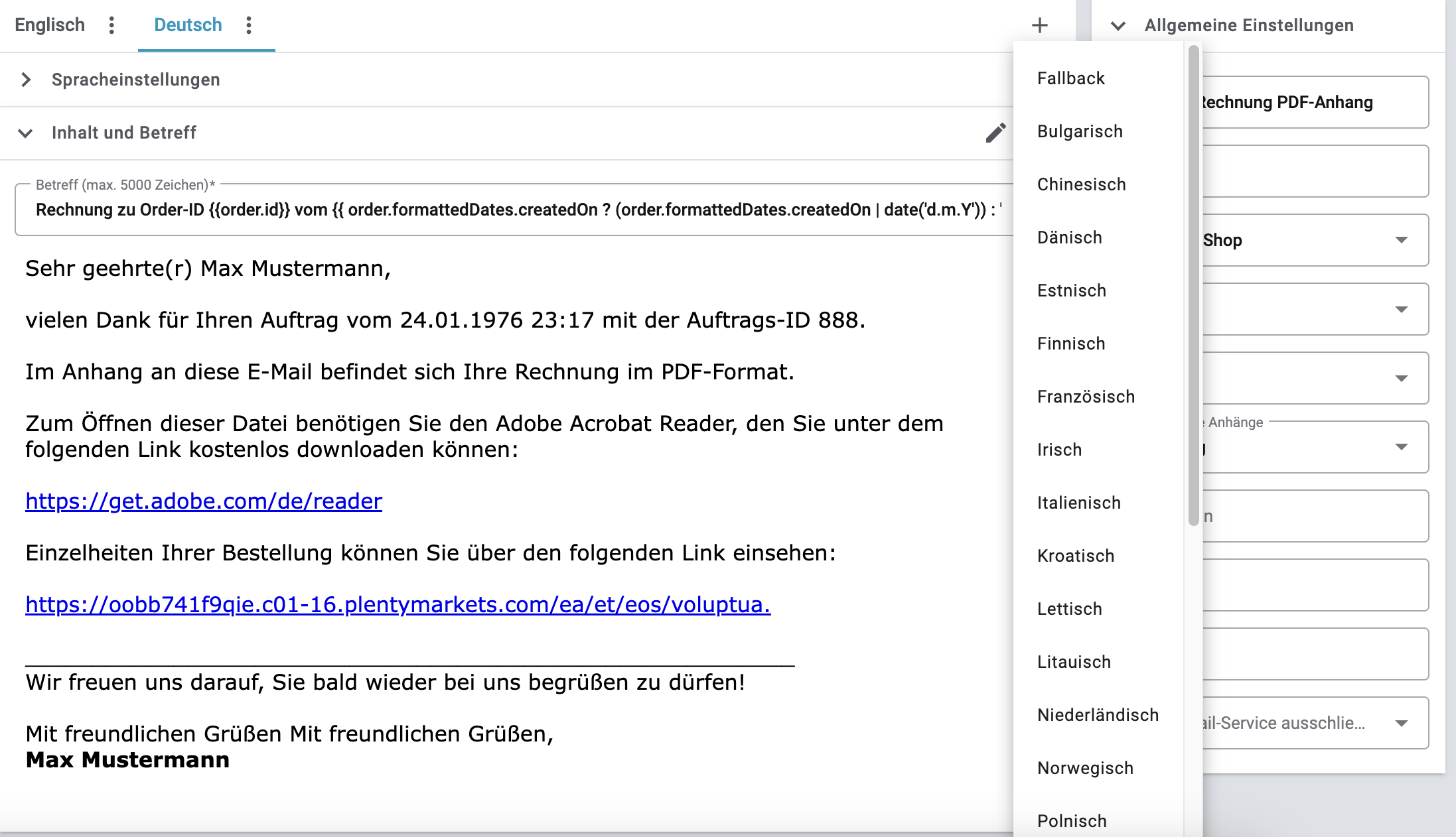 emailbuilder neue sprache
