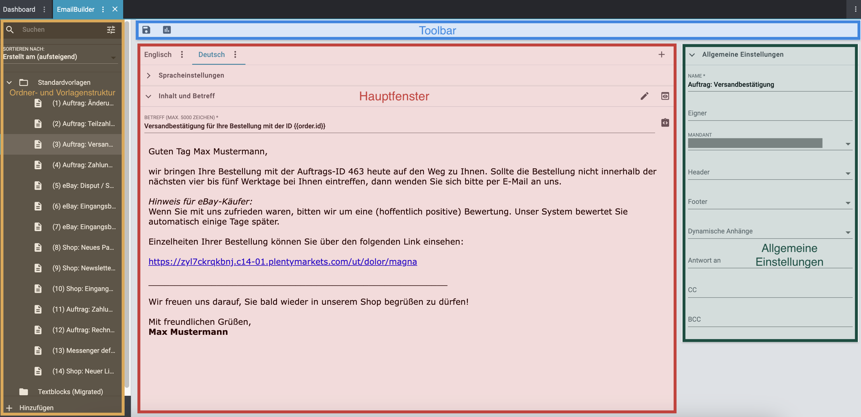 emailbuilder uebersicht menue aufbau