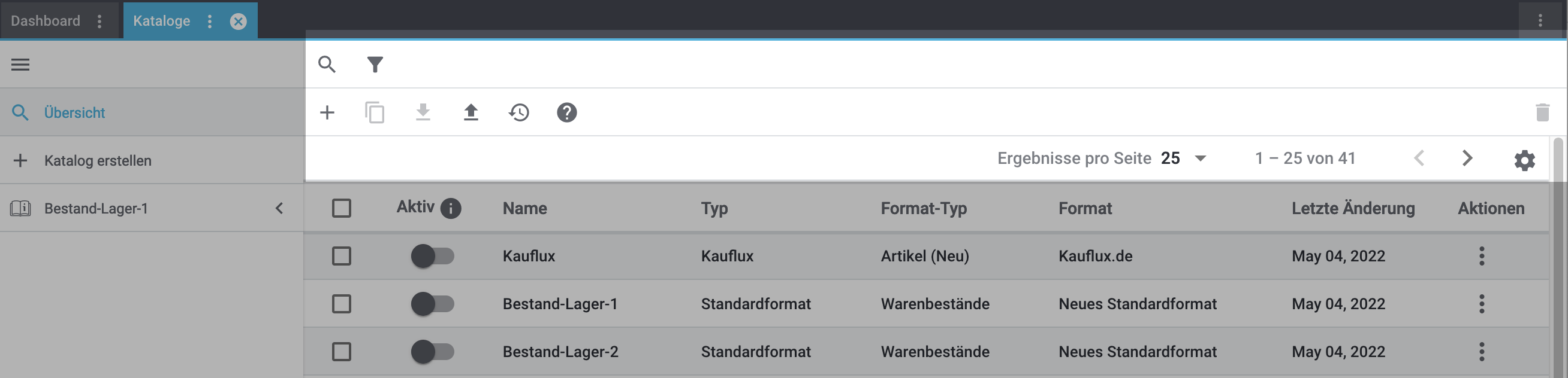 catalogue overview toolbar