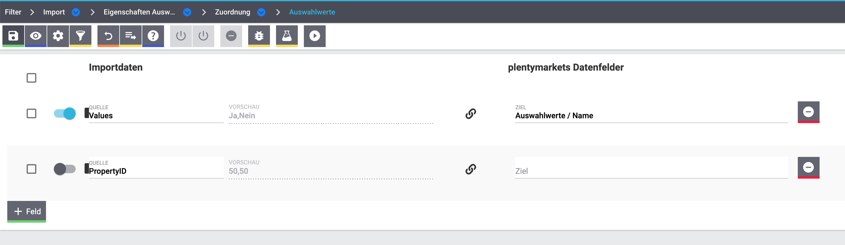eigenschaften import auswahlwerte zuordnung