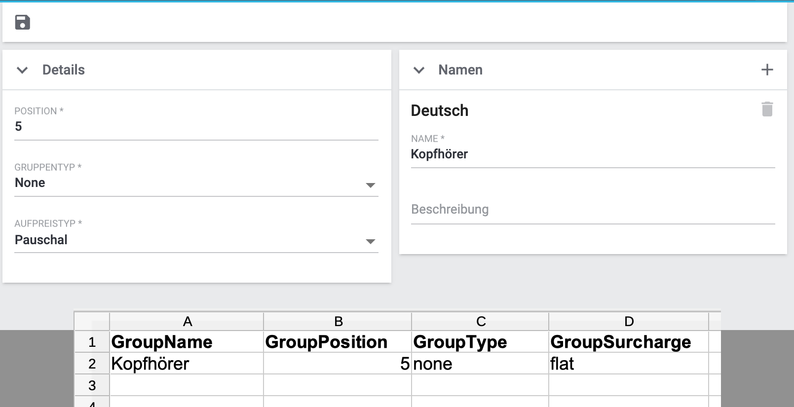 eigenschaften import gruppe csv