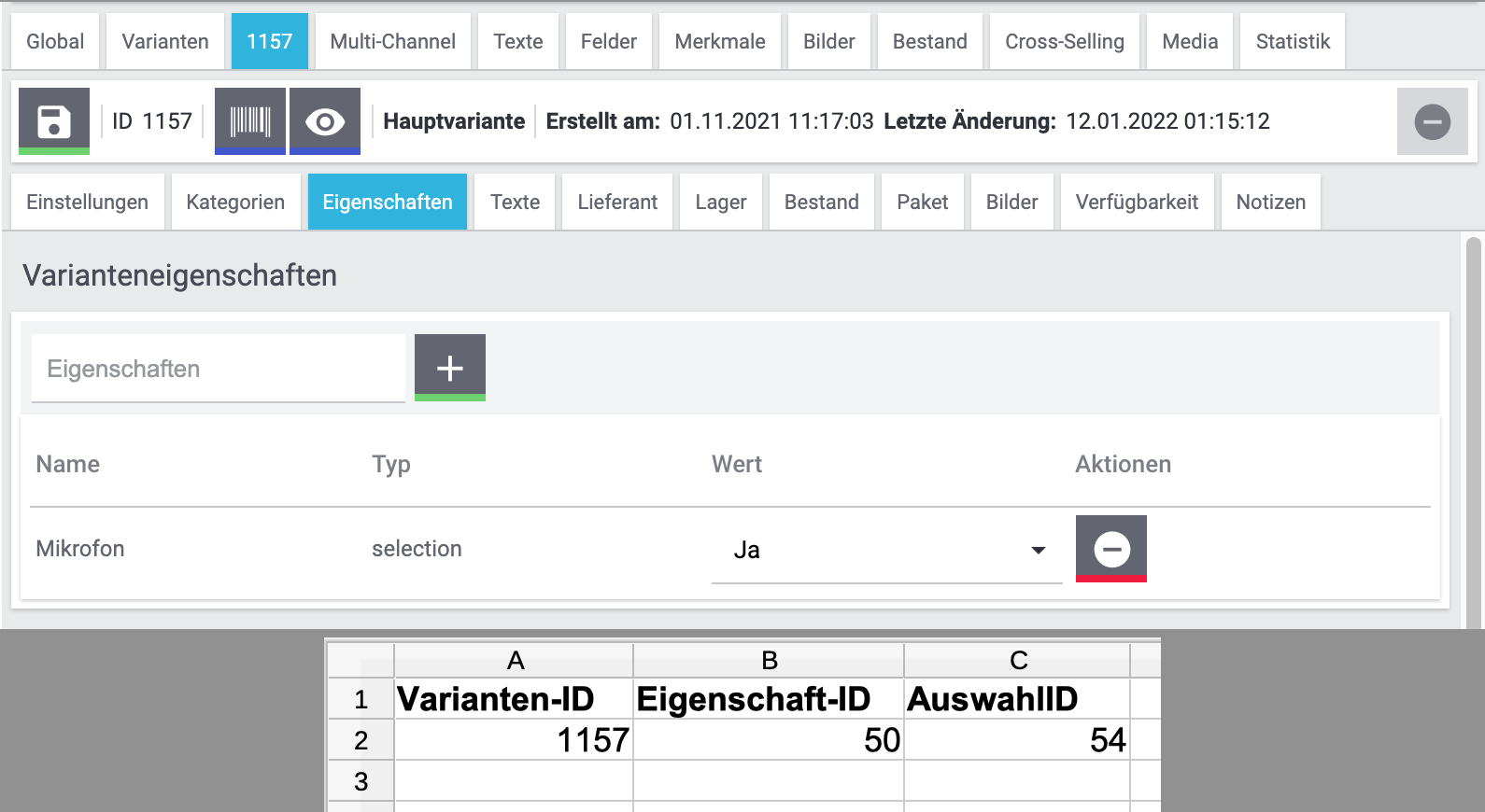 eigenschaften import verknuepfung csv auswahl