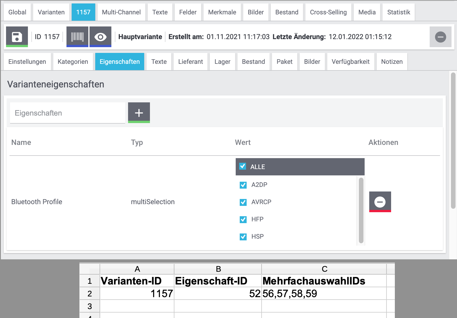 eigenschaften import verknuepfung csv multi