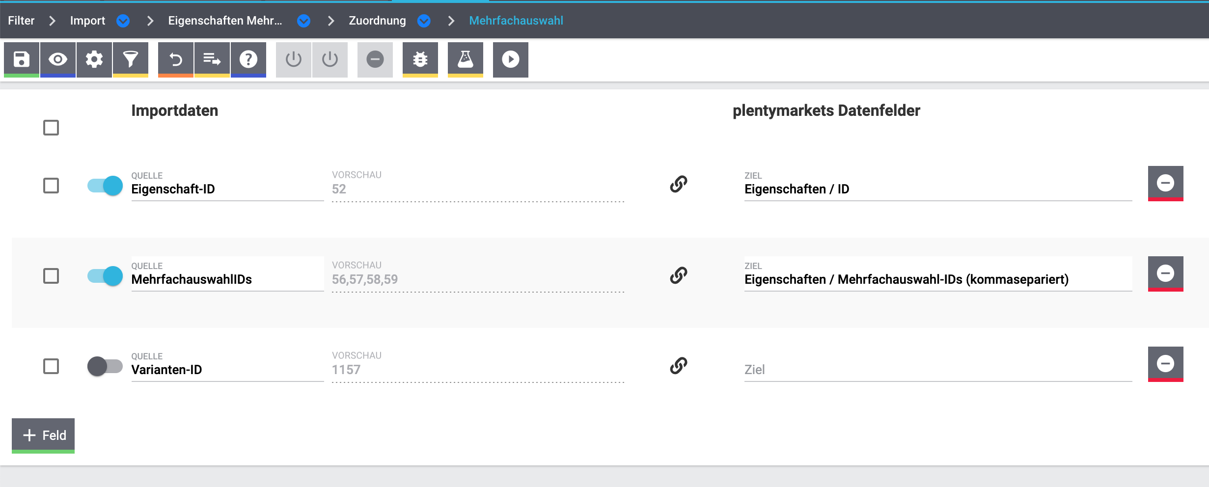 eigenschaften import verknuepfung zuordnung multi