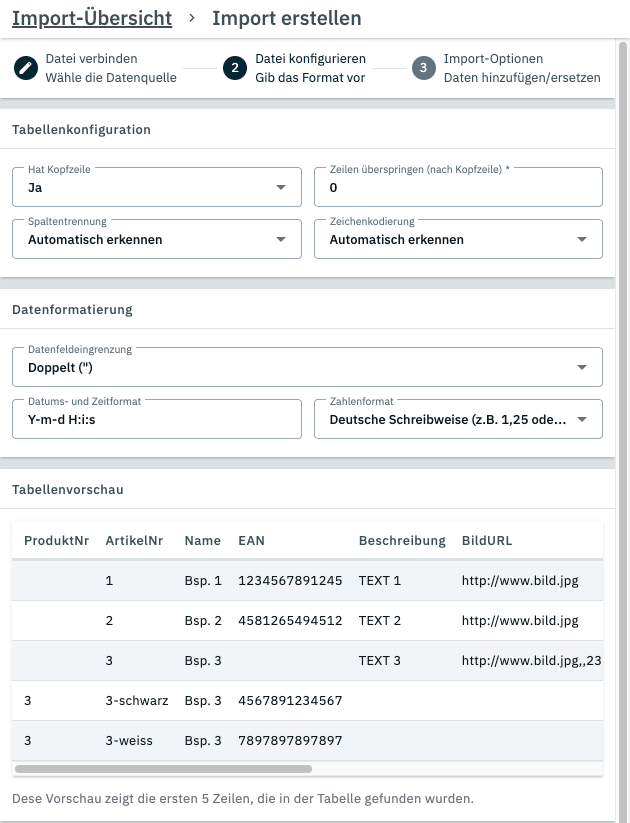 Eine Abbildung von Schritt 2 der Import-Erstellung