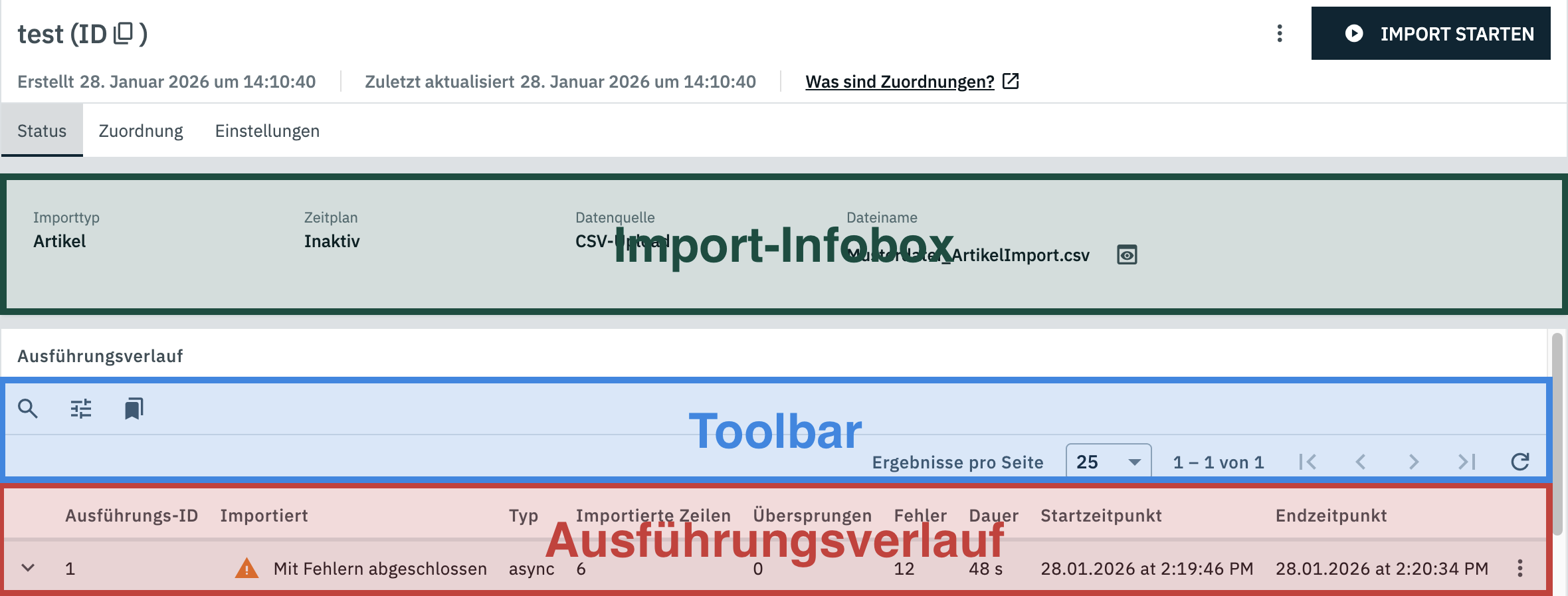 Bereiche des Status-Tab