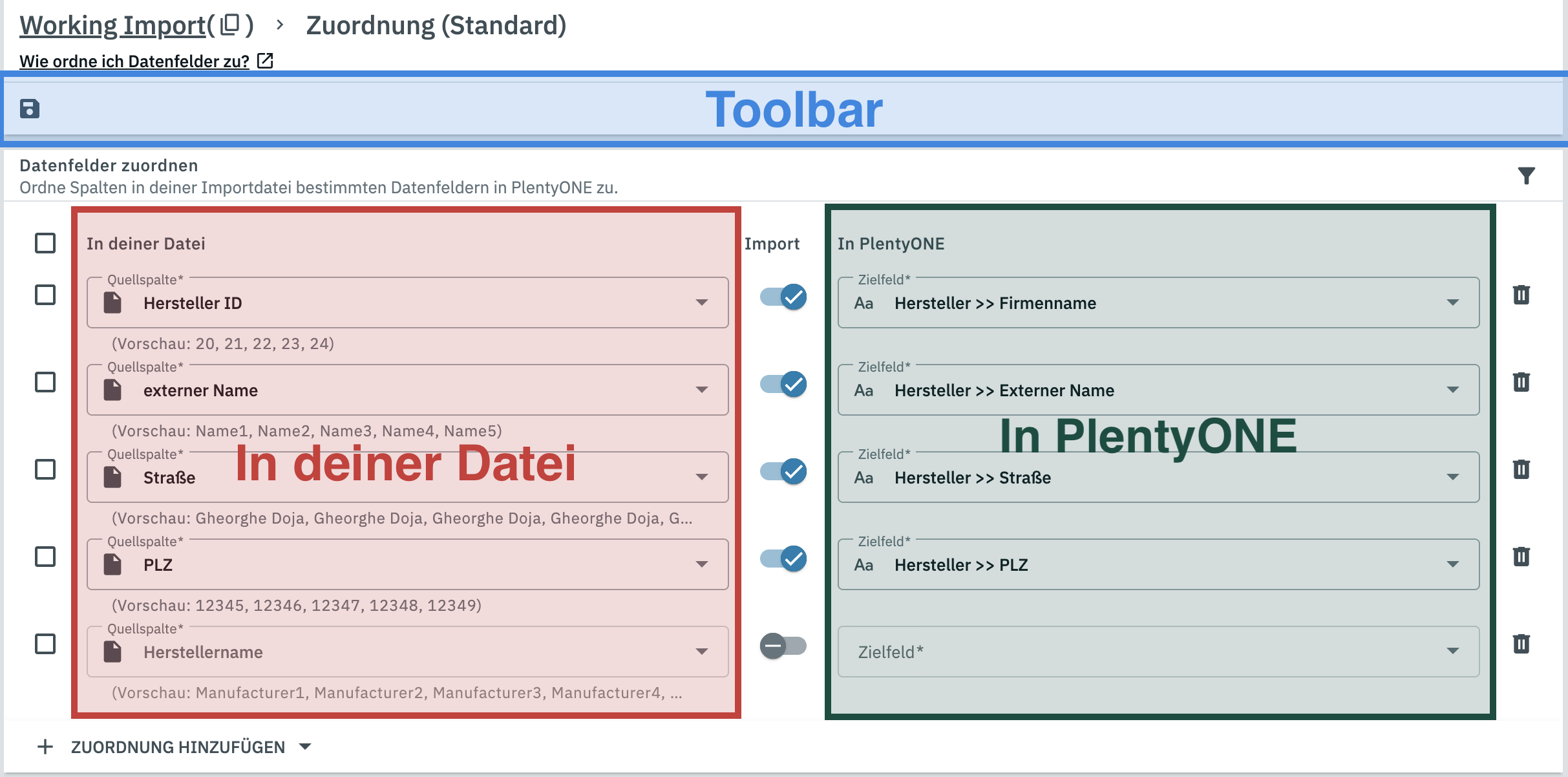 Ein Diagramm der verschiedenen Bereiche des Zuordnungsmenüs