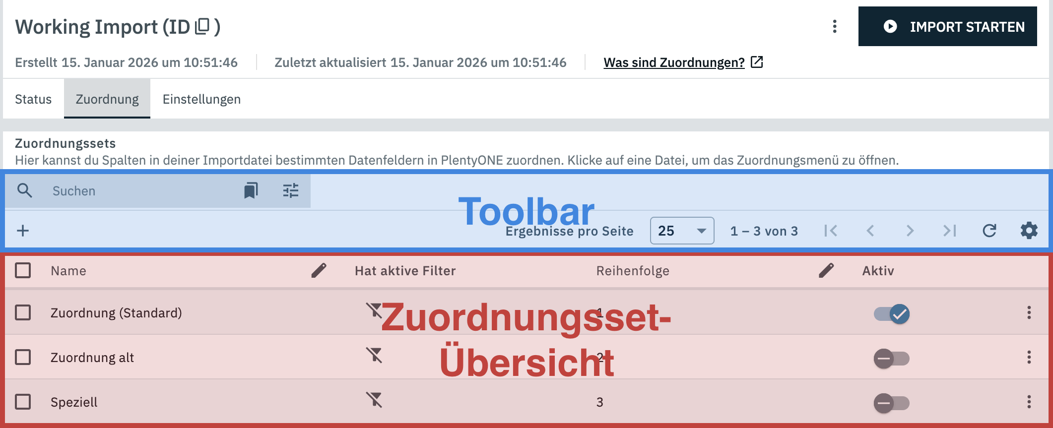 In Diagramm zu den verschiedenen Bereichen des Zuordnung-Tabs