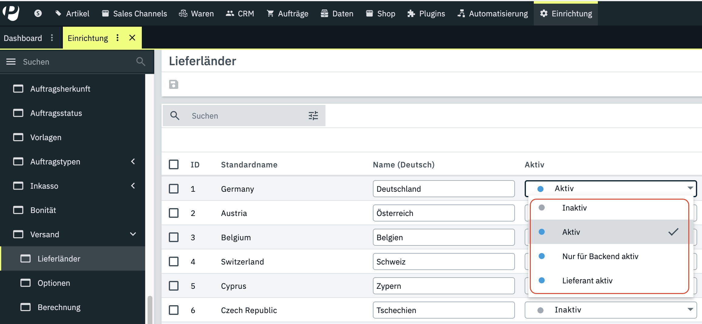 Lieferländer aktivieren