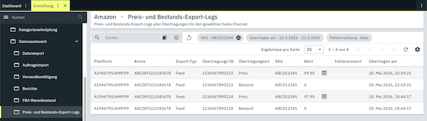 Amazon logs price stock export legacy