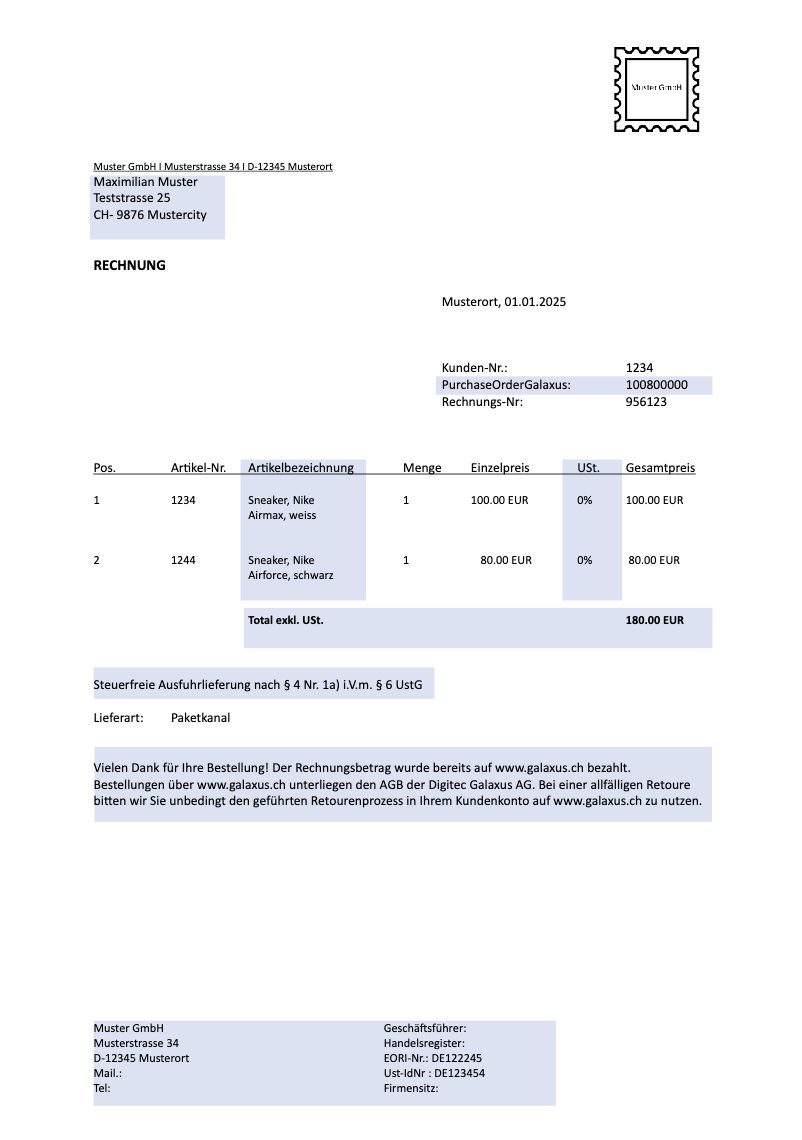 galaxus exporthandelsrechnung