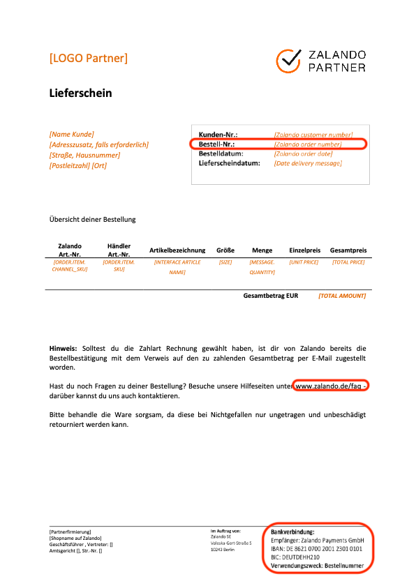 zalando DE delivery note