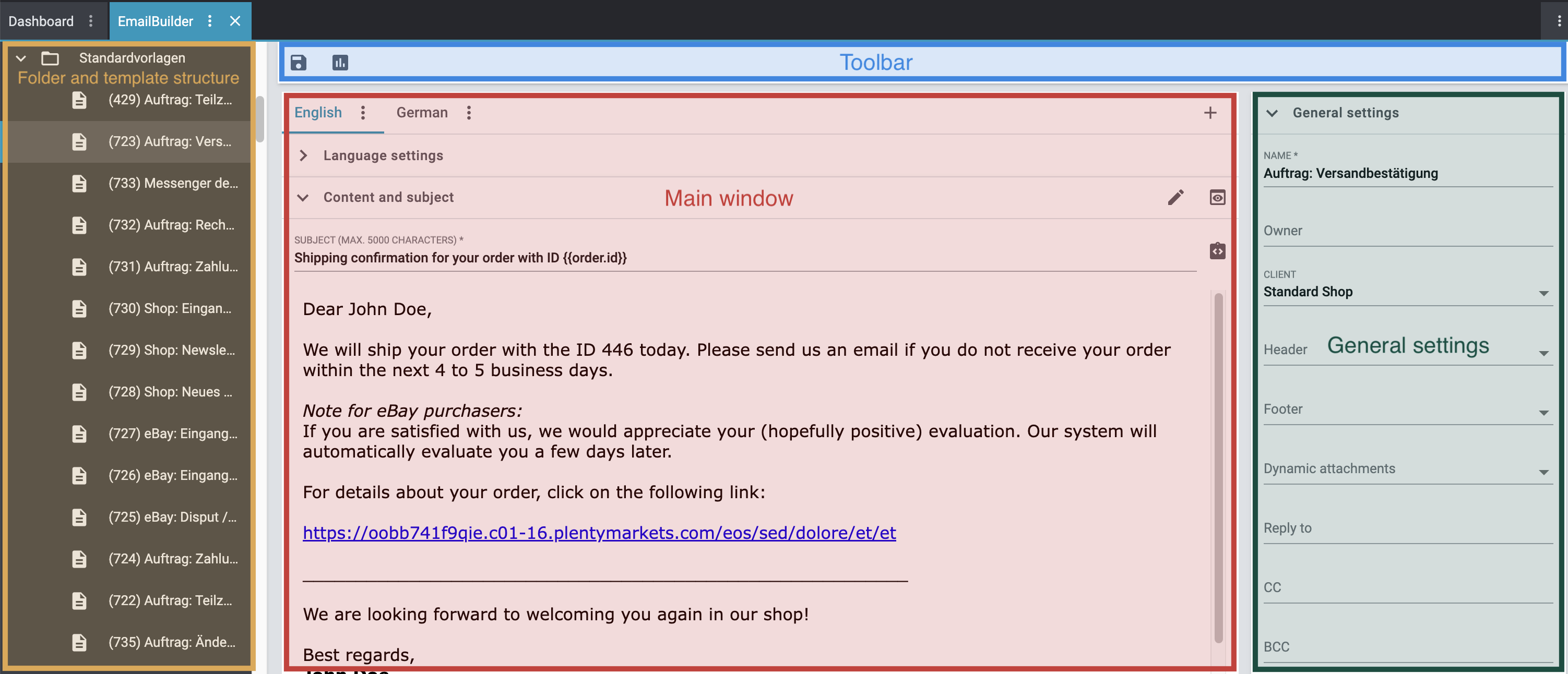 emailbuilder overview menu structure