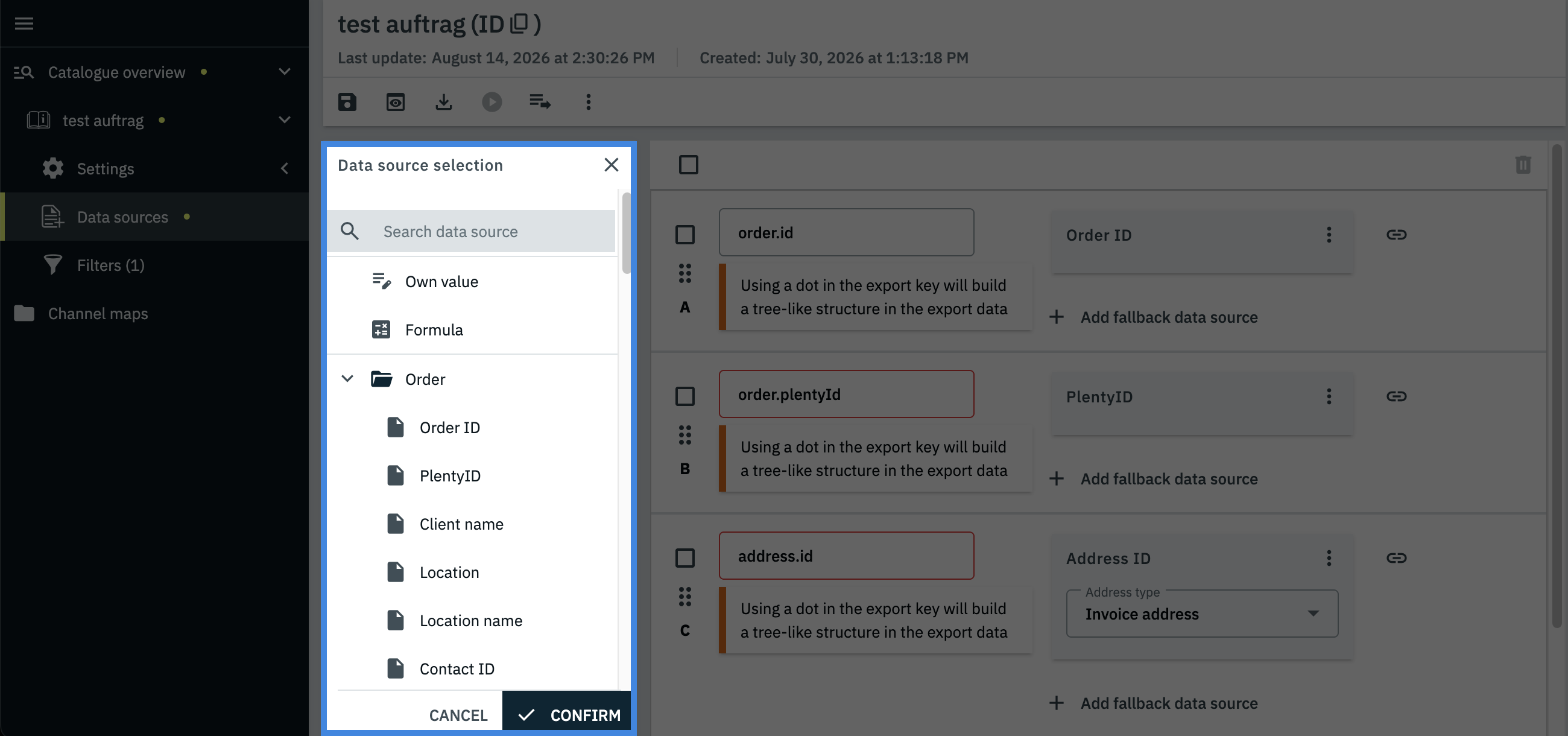 catalogue default data fields