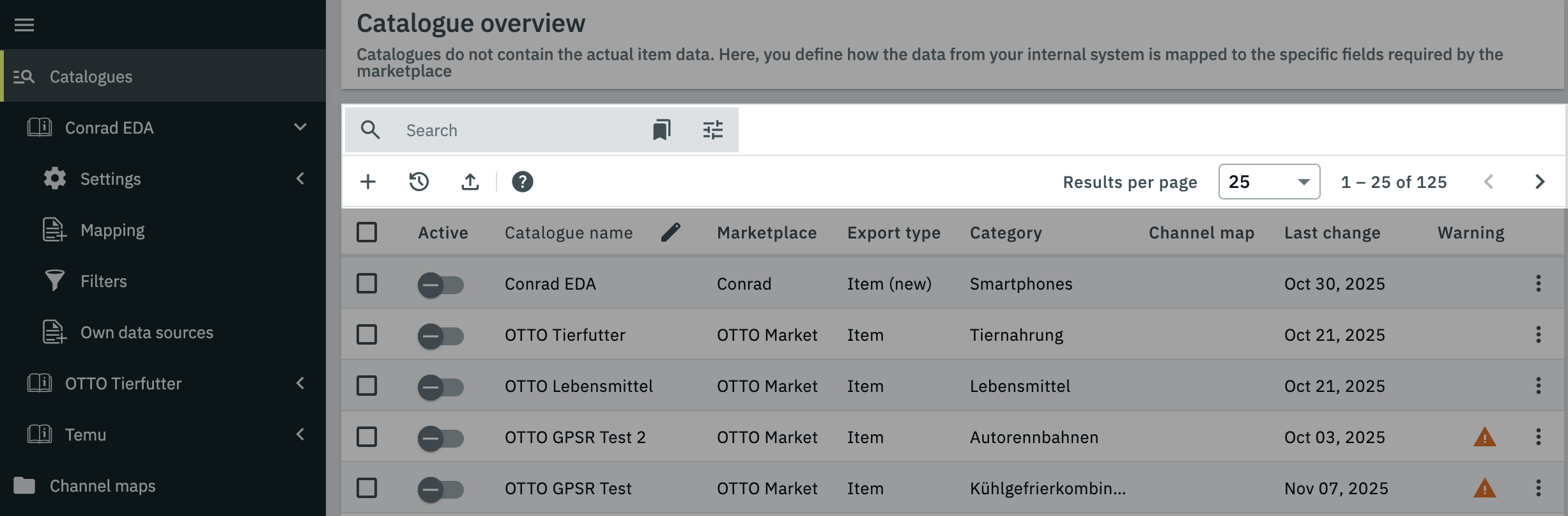 catalogue overview toolbar