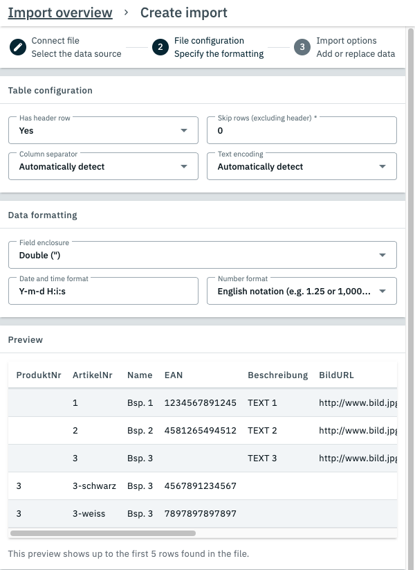A screenshot showing the second step of the import creation process