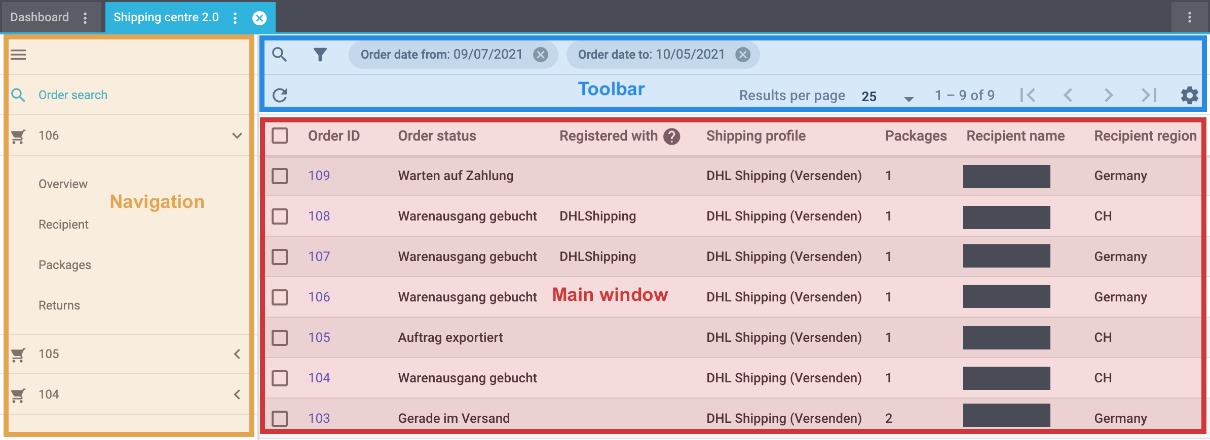 shipping centre 2.0 menu structure
