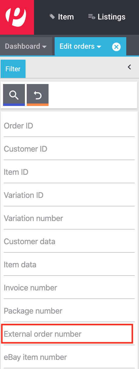 Search external order number