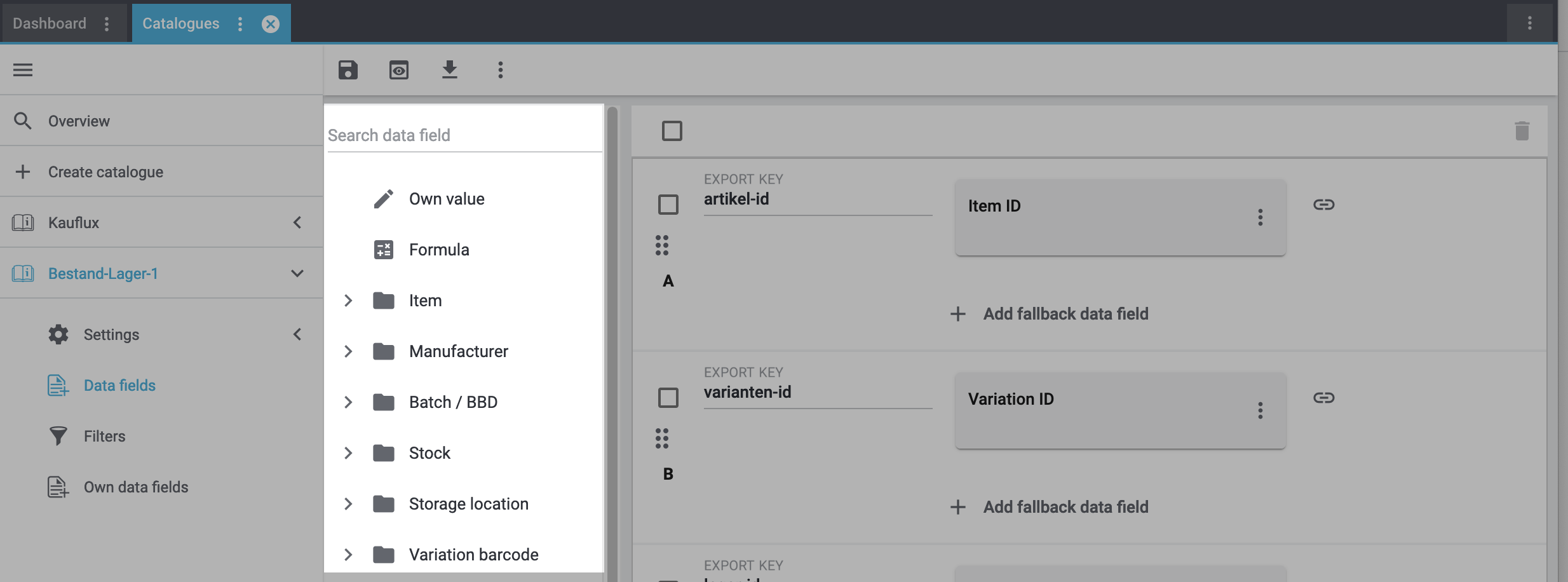 catalogue default data fields