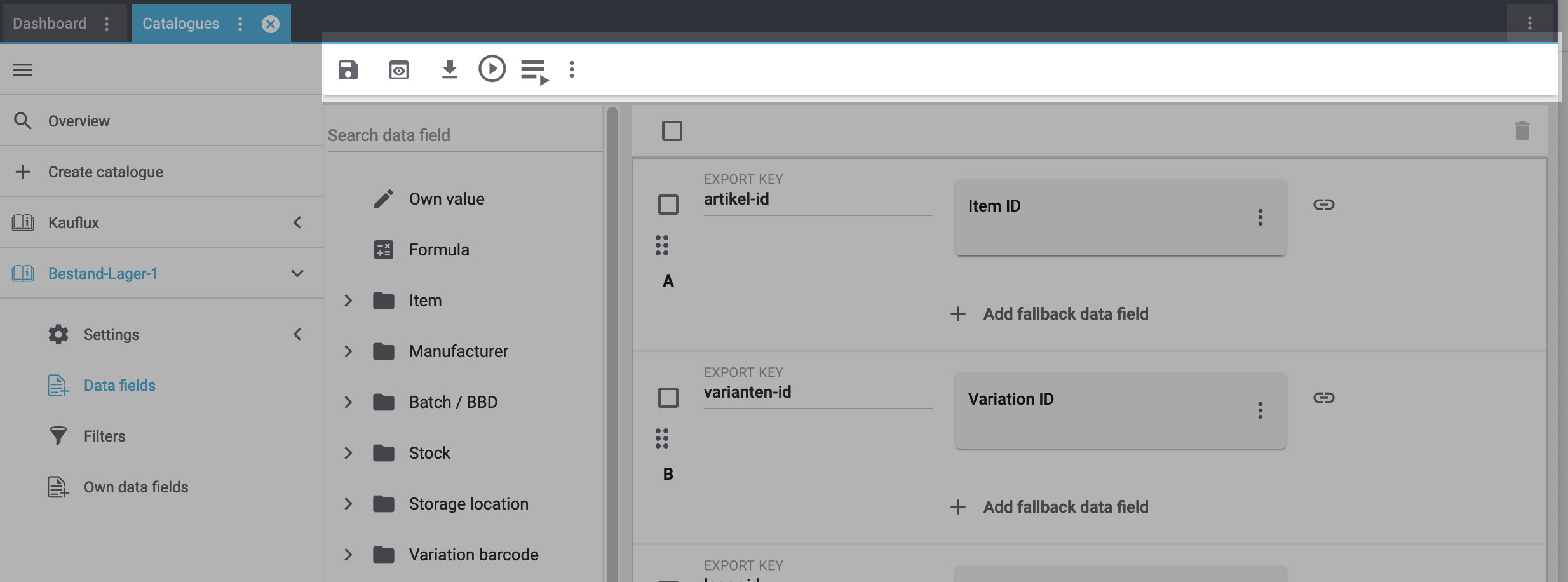 catalogue default toolbar
