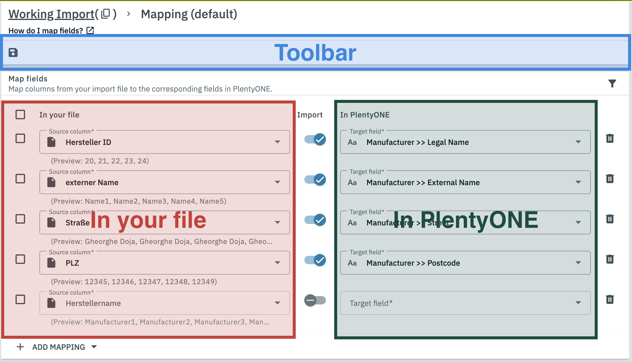 A diagram highlighting the different sections of the mapping menu