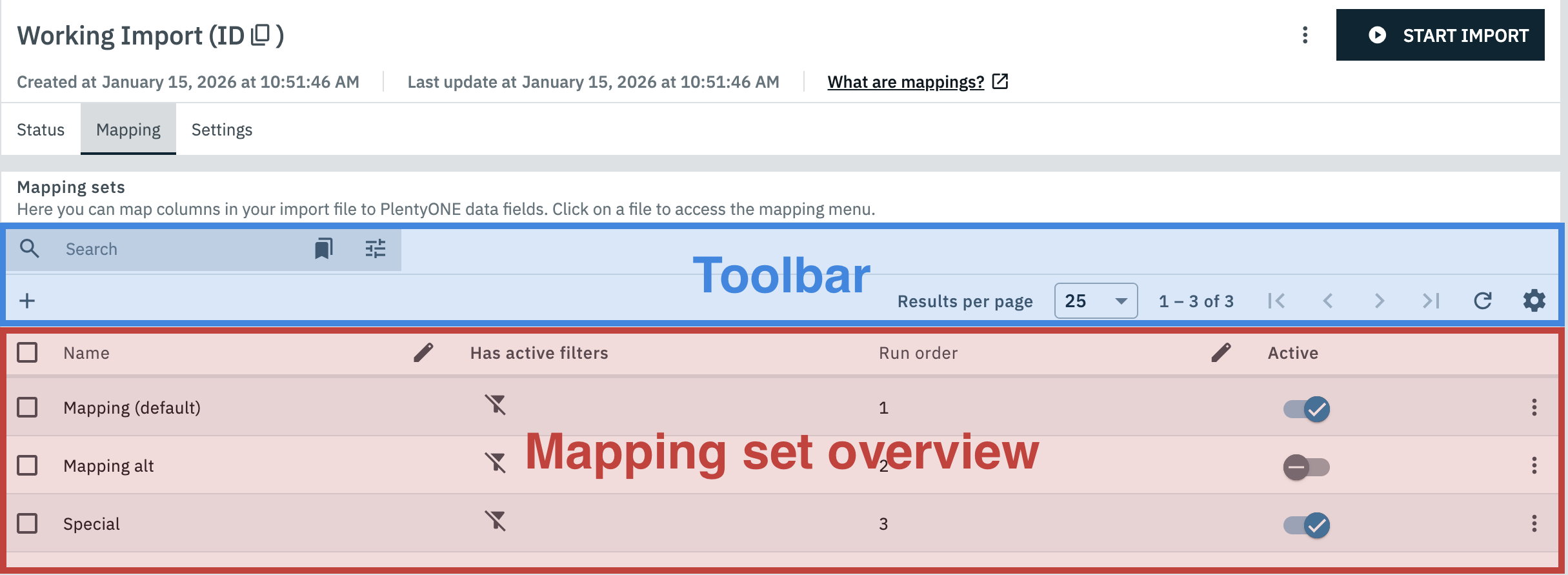 A diagram highlighting the different sections of the Mapping tab