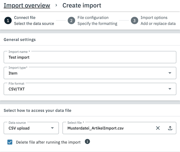 A screenshot showing the first step of the import creation process