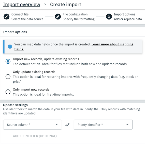 A screenshot showing the third step of the import creation process