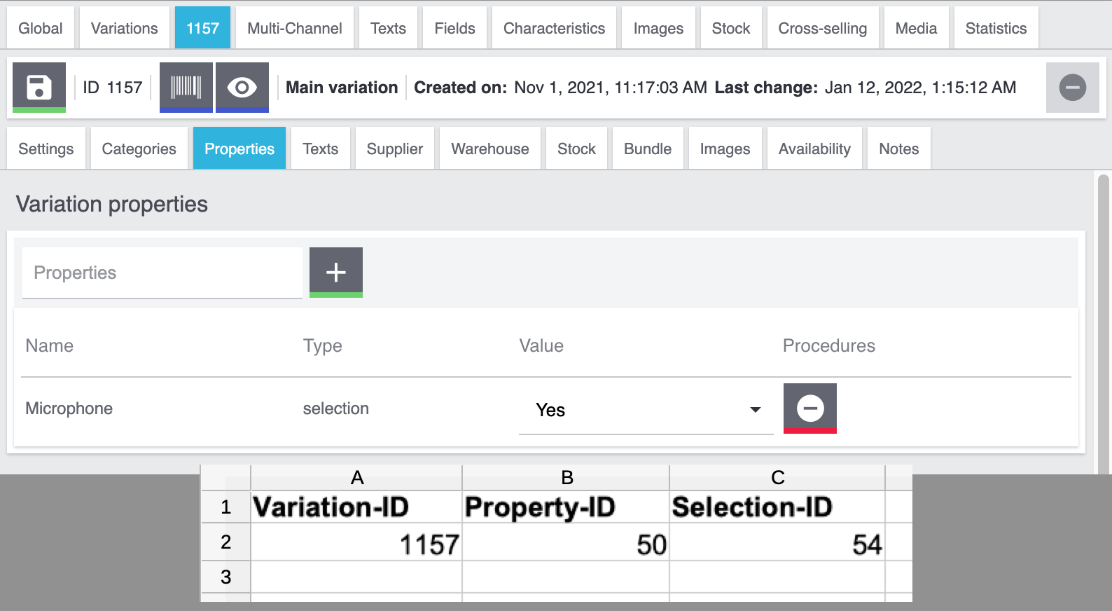 properties import link csv selection
