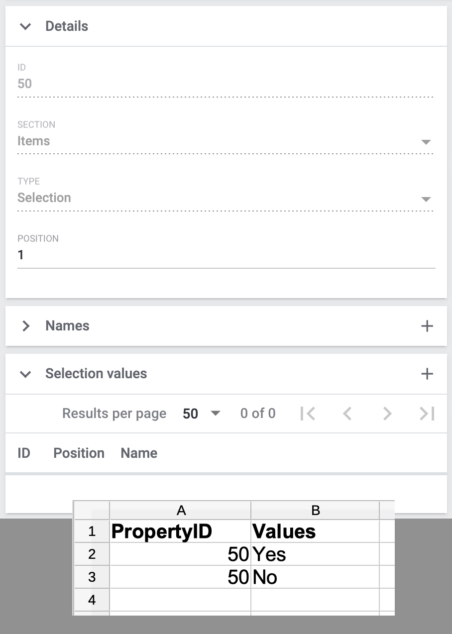 properties import selectionvalues csv