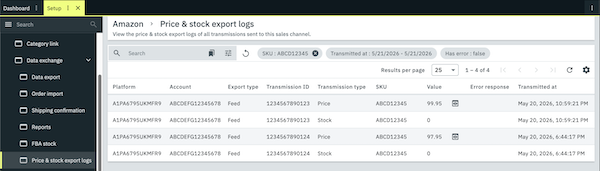 Amazon logs price stock export legacy