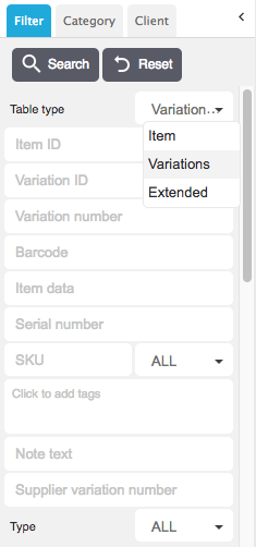Table type in the item overview
