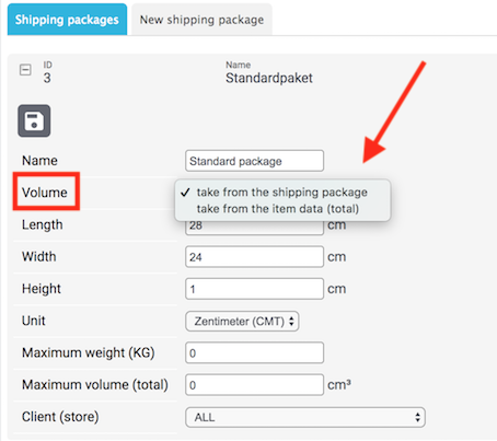 Settings shipping packages