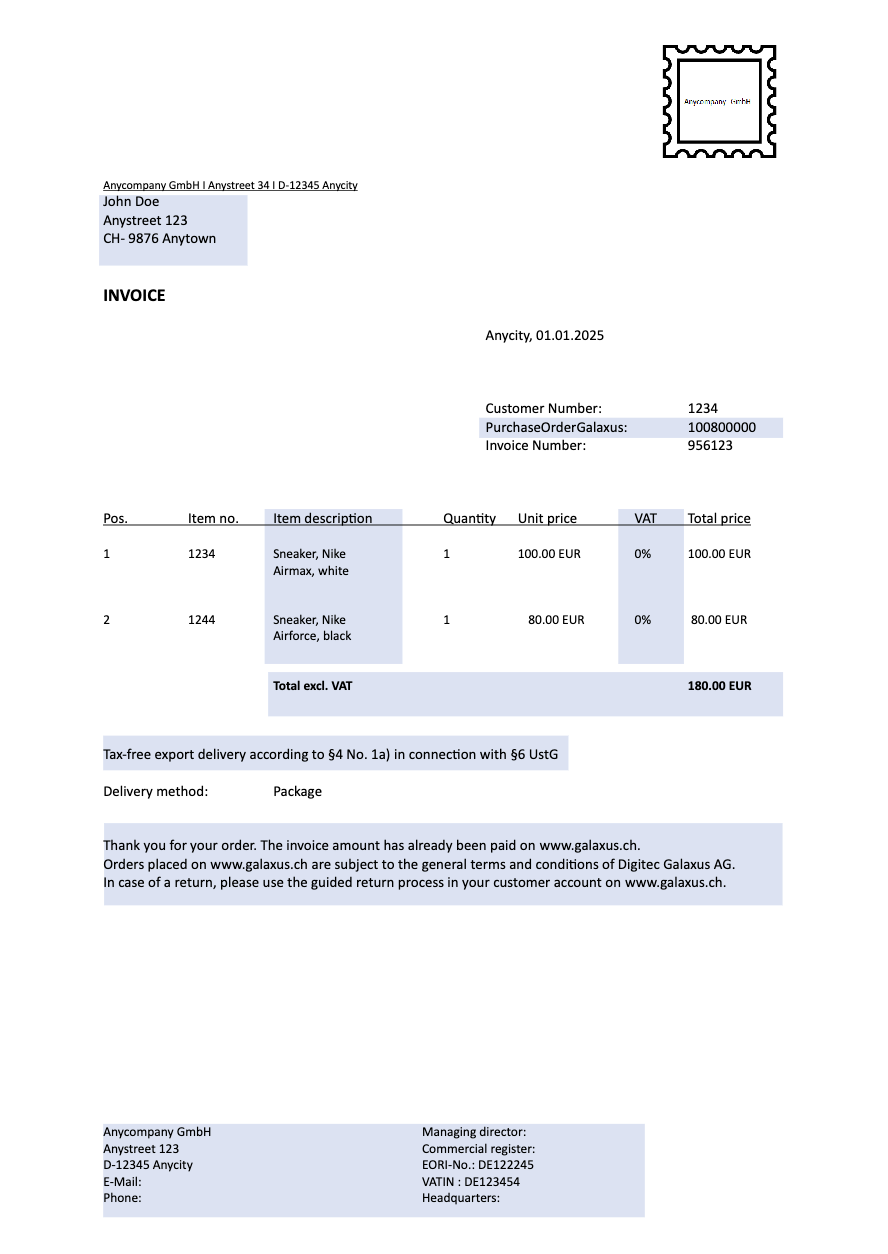 galaxus export invoice